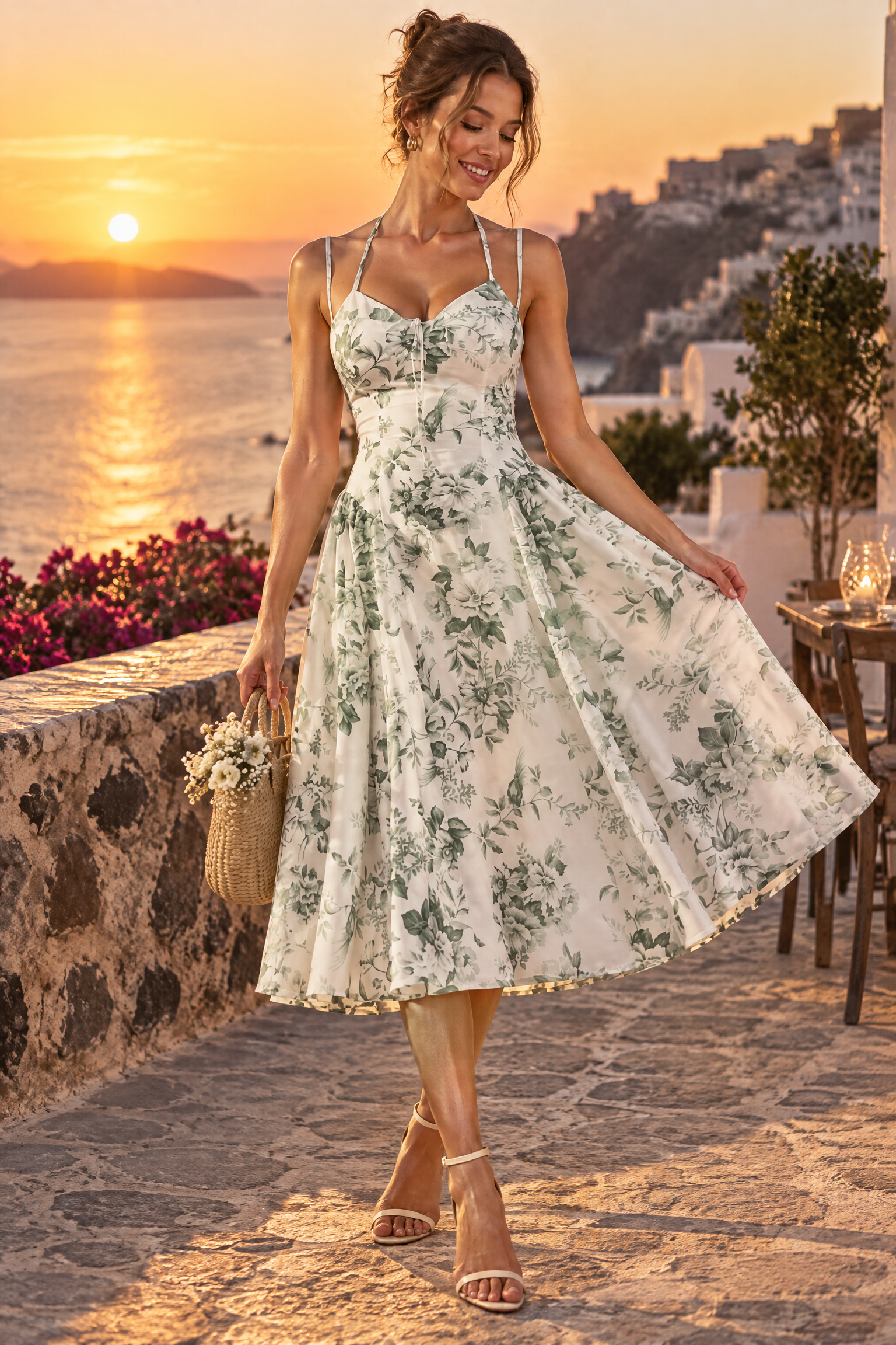 Robe midi blanche à imprimé floral, décolleté cœur et fronces | Deuxième photo lifestyle | Lounelle Paris
