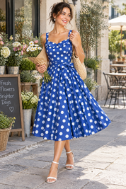 Robe midi bleue à pois et encolure carrée | Photo lifestyle | Lounelle Paris