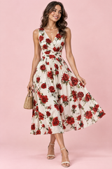 Rotes Midikleid mit Blumenbouquet-Print und eckigem Ausschnitt