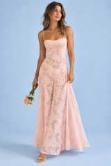 Rosa geblümtes Maxikleid mit ausgestelltem Rock