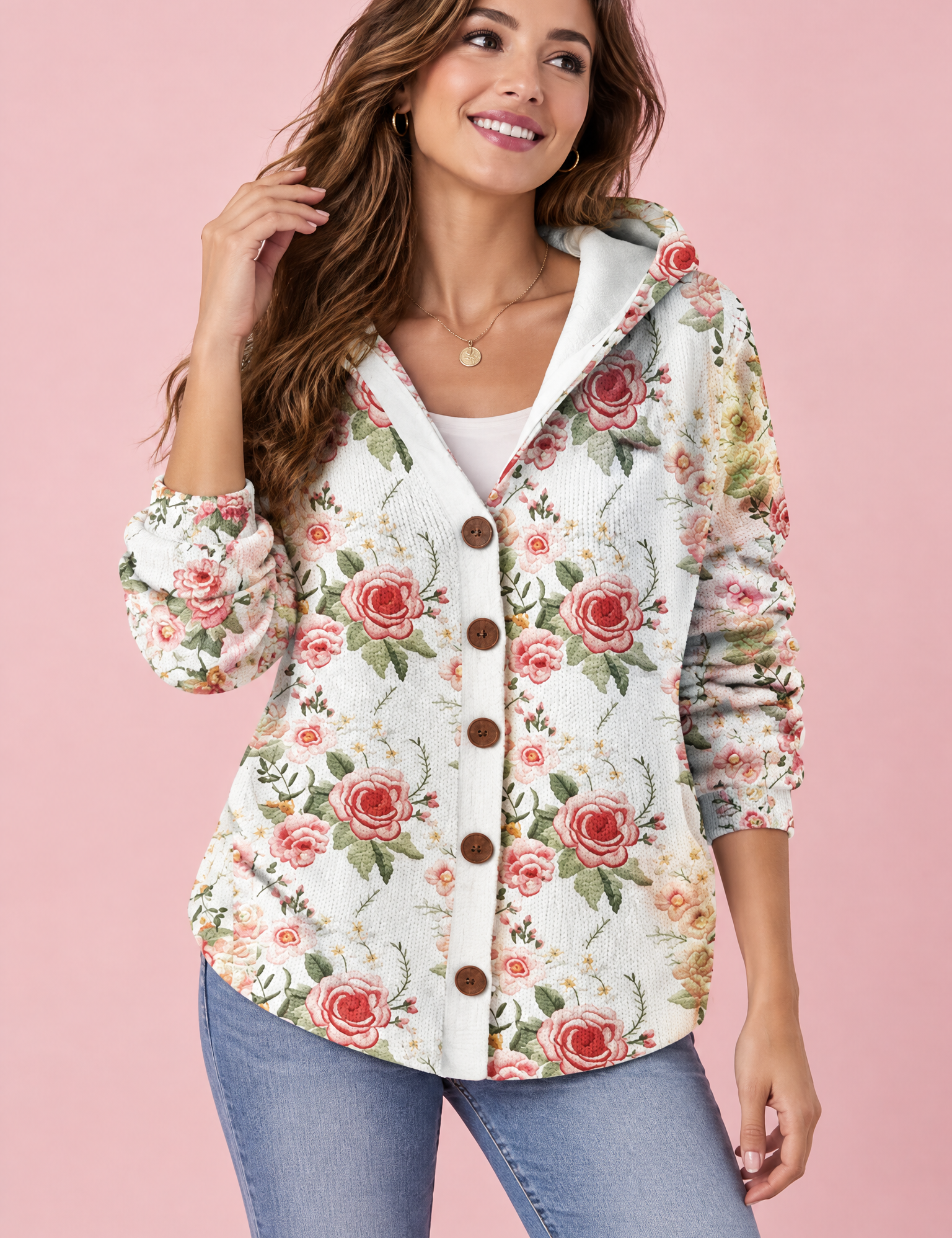 Gilet à capuche écru à fleurs | Vue de face | Lounelle Paris