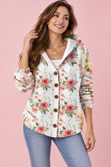 Geblümte Strickjacke mit Kapuze in Offwhite