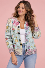 Geblümte Strickjacke mit Knopfleiste in Blau