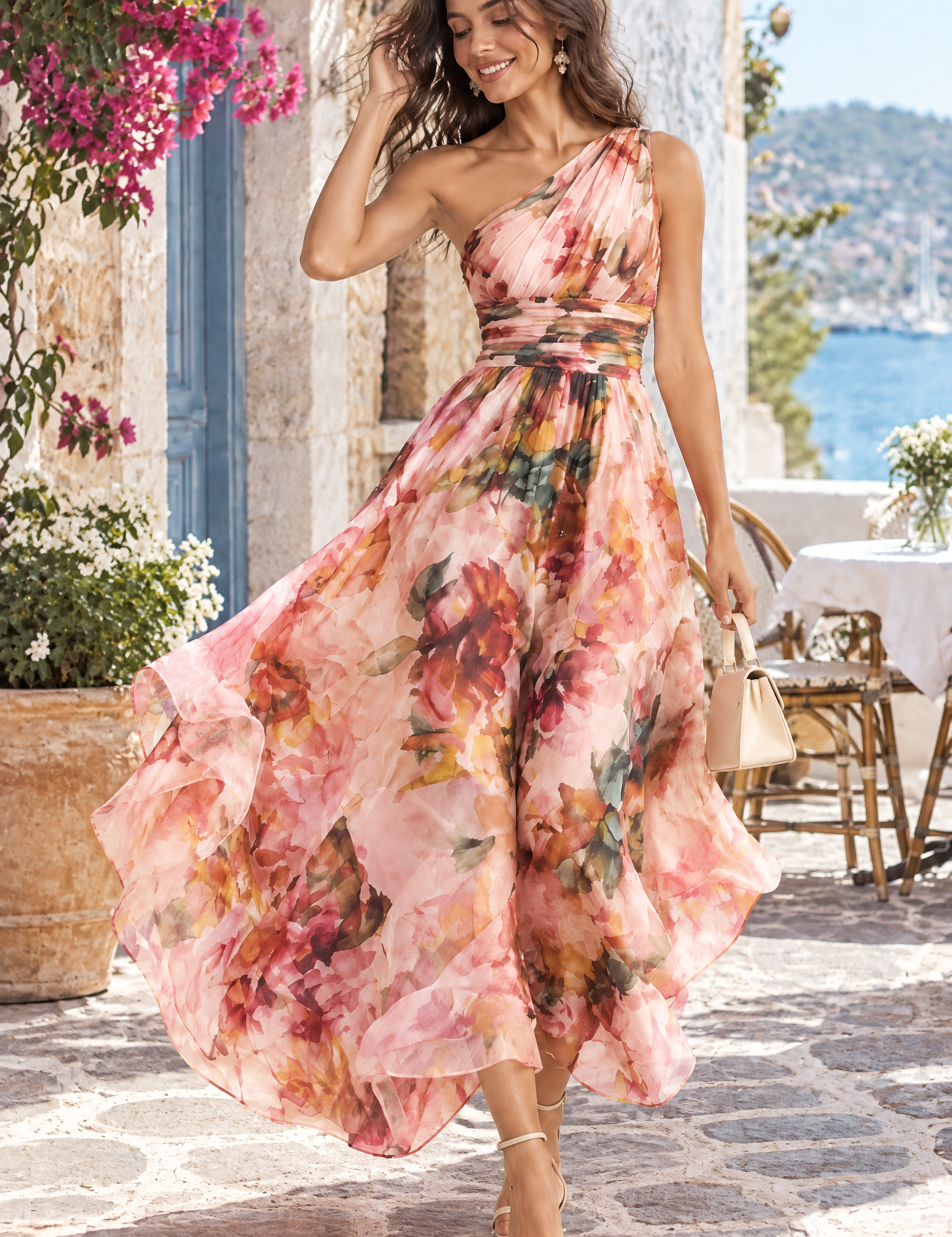 Robe rose fleurie à une épaule | Photo lifestyle | Lounelle Paris