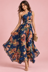 Blaues geblümtes One-Shoulder-Maxikleid