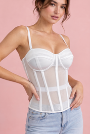Top bustier blanc à empiècements transparents | Vue rapprochée | Lounelle Paris