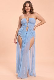Robe longue bleue asymétrique à découpes | Porté sur une autre silhouette | Lounelle Paris
