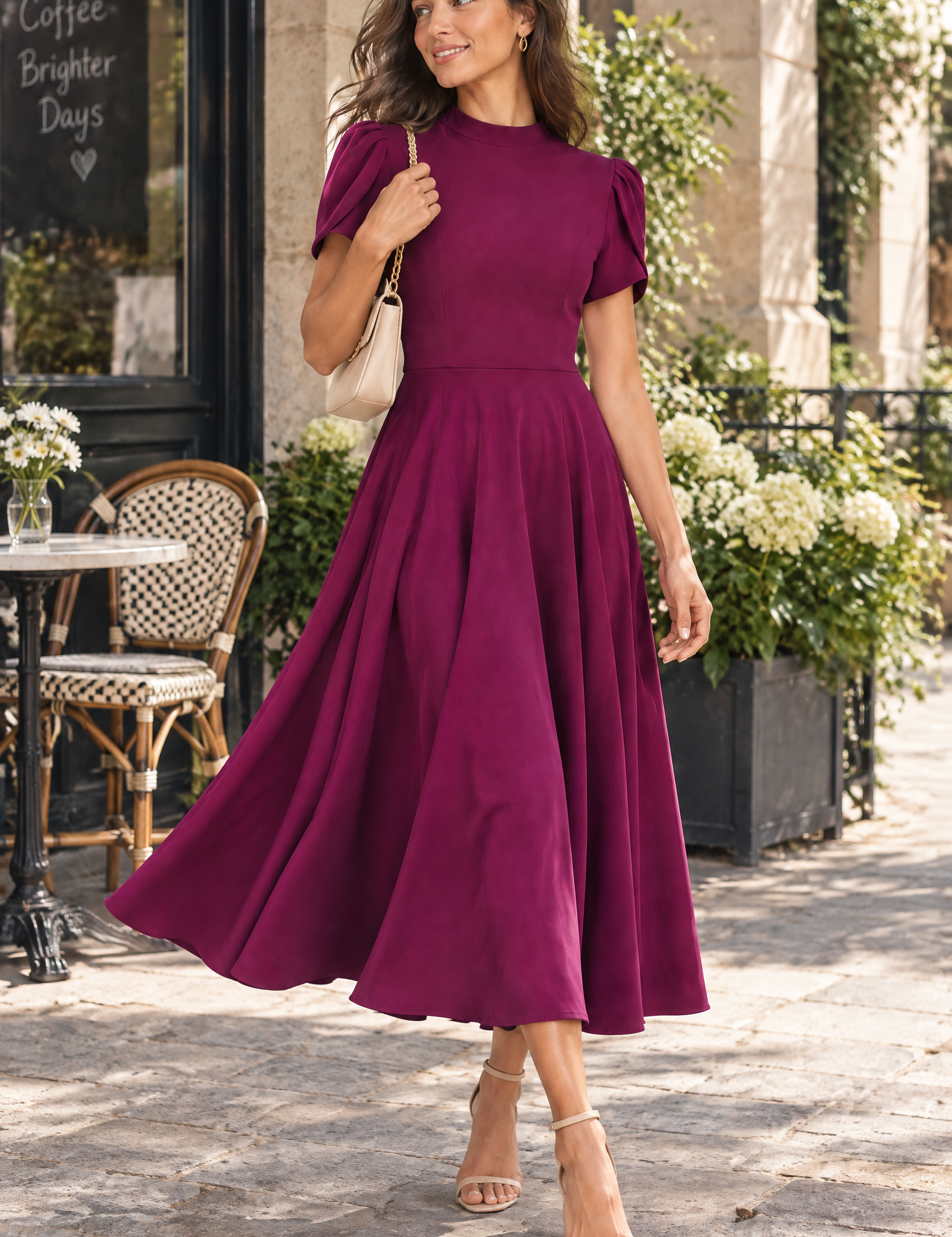 Robe midi violette à col montant et manches bouffantes | Photo lifestyle | Lounelle Paris