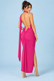 Robe longue rose magenta à encolure asymétrique, avec col | Vue de dos | Lounelle Paris
