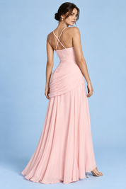 Robe longue rose froncée à encolure carrée et coupe évasée | Vue de dos | Lounelle Paris