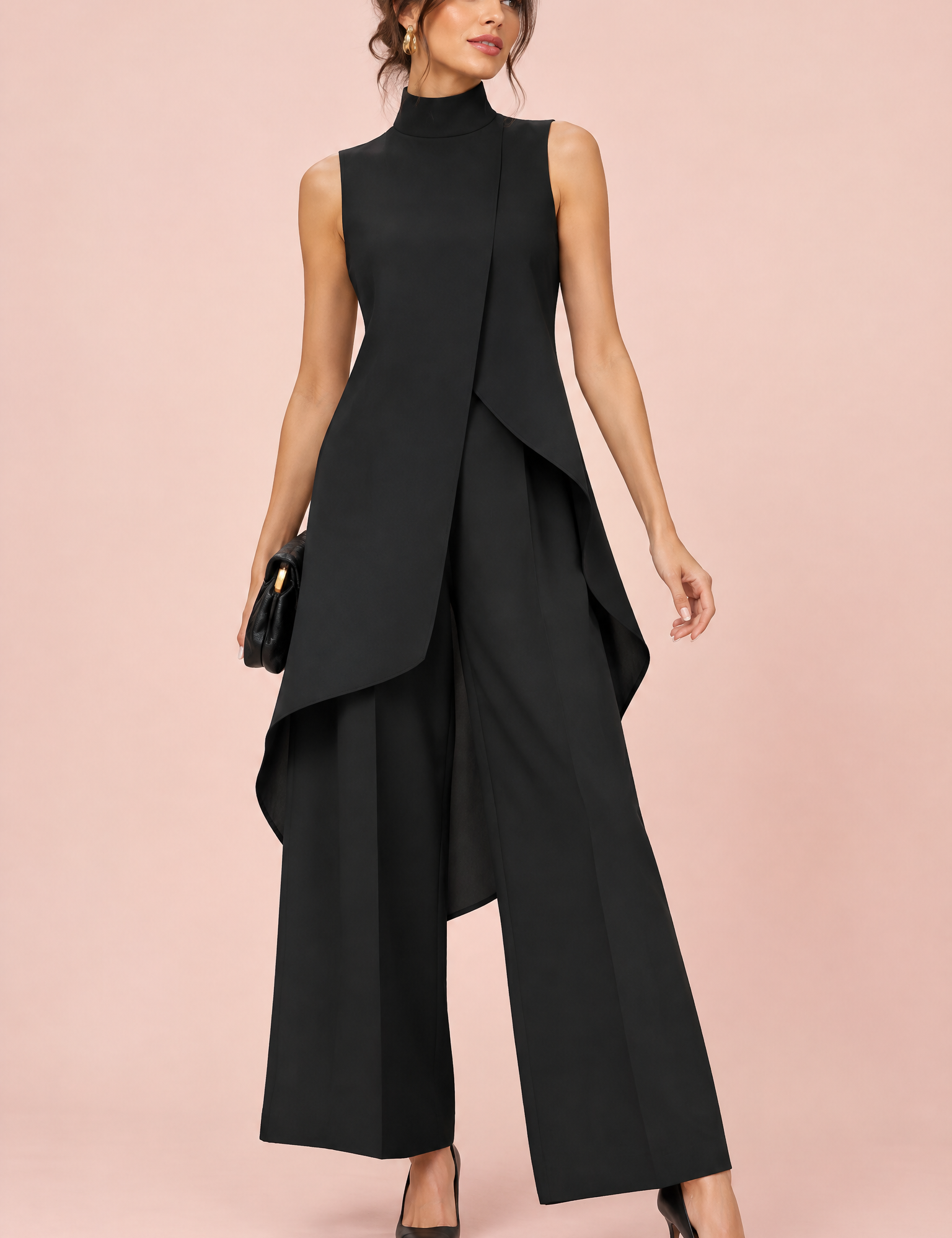 Ensemble pantalon noir fluide avec top sans manches à col montant | Vue de face | Lounelle Paris