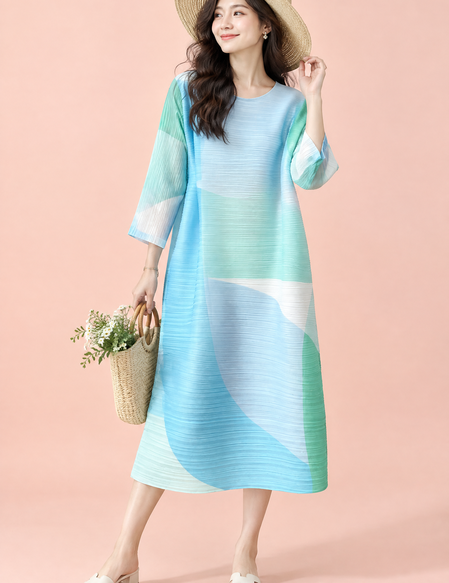 Robe midi trapèze plissée bleue | Vue de face | Lounelle Paris
