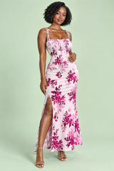Rosa geblümtes Maxikleid mit eckigem Ausschnitt und Seitenschlitz