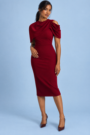 Robe midi moulante Berry avec cape drapée — Rouge foncé | Vue de face | Lounelle Paris