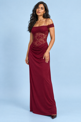 Bordeauxfarbenes gerafftes Spitzen-Maxikleid