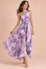 Helllila geblümtes One-Shoulder-Maxikleid
