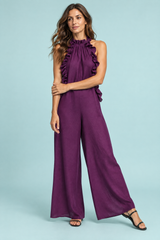 Lila Maxikleid mit Rüschen und Neckholder