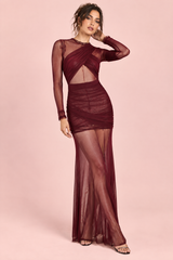 Burgunderrotes figurbetontes Maxikleid mit Raffungen