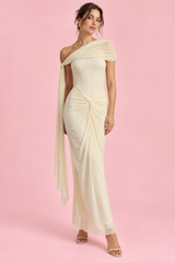 One-Shoulder-Maxikleid mit Raffungen in Offwhite