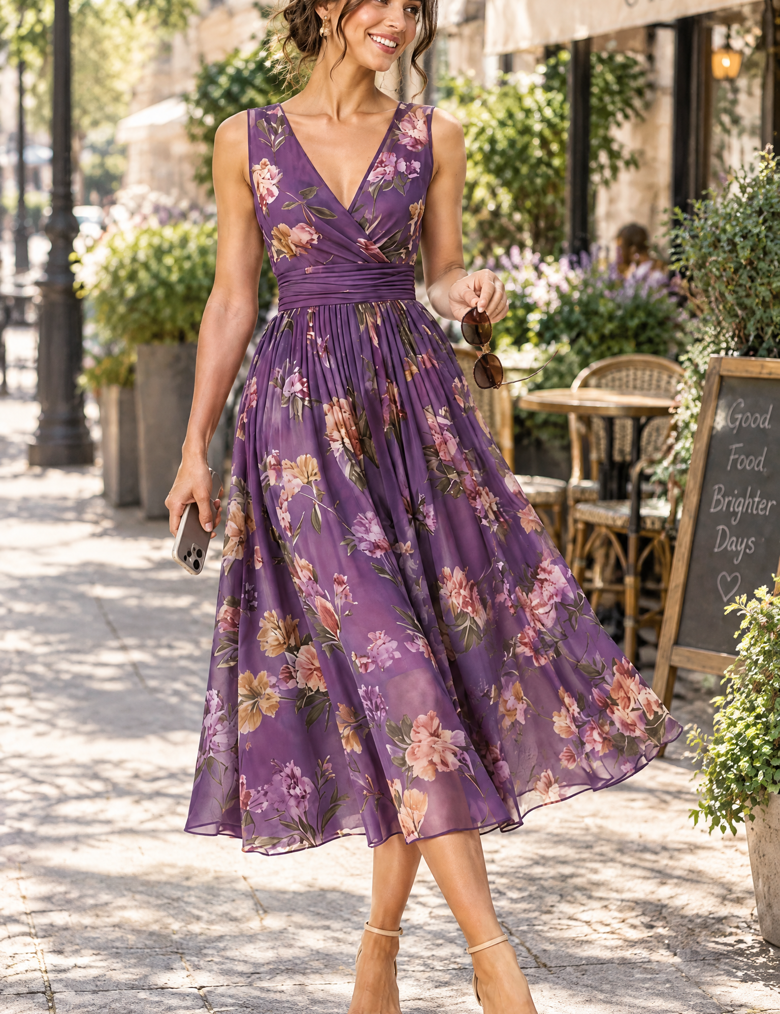 Robe midi violette à imprimé de bouquets floraux, col carré et coupe trapèze | Photo lifestyle | Lounelle Paris