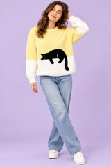 Oversize-Pullover mit Katzenmotiv in Gelb