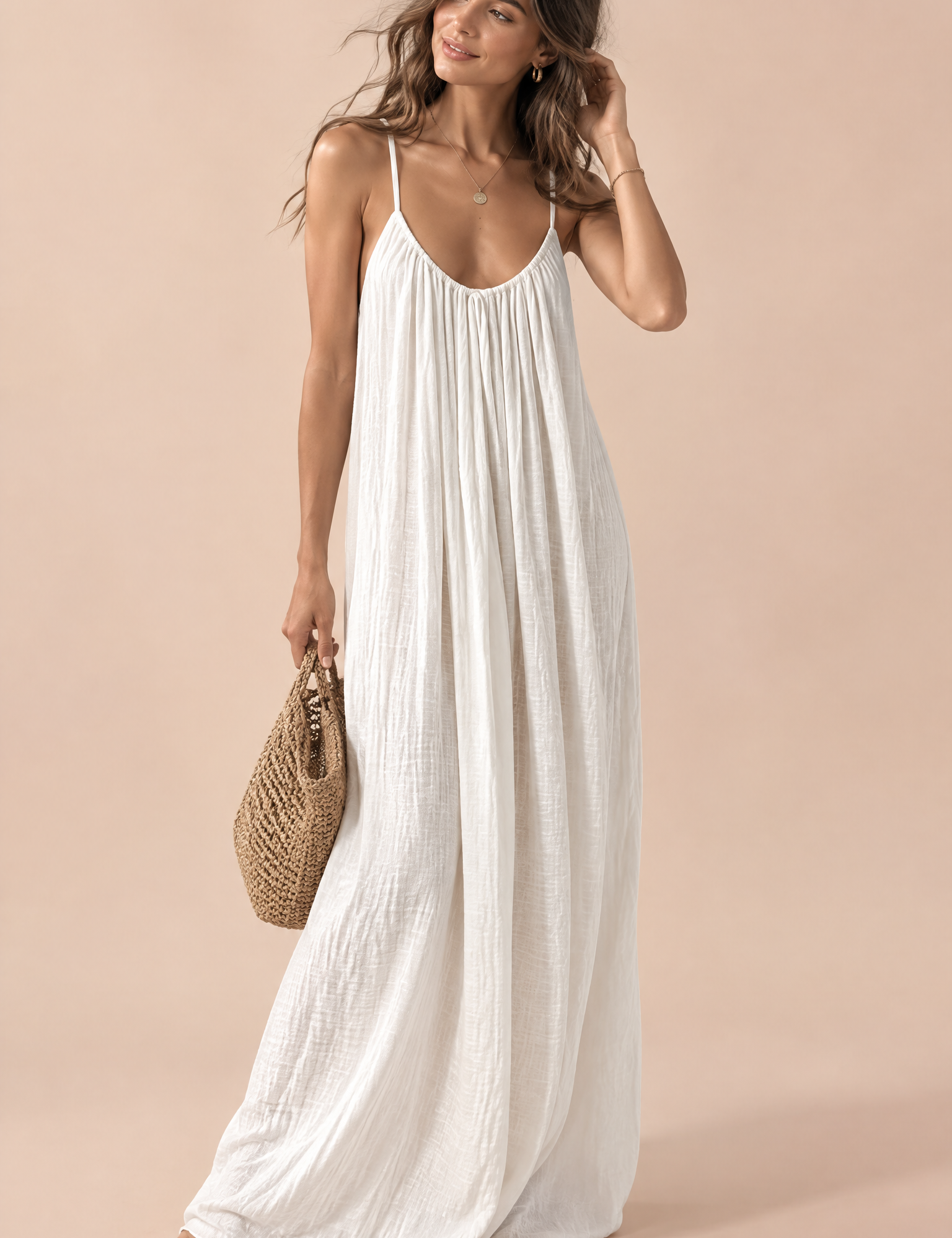Robe longue fluide dos nu blanc cassé | Vue de face | Lounelle Paris