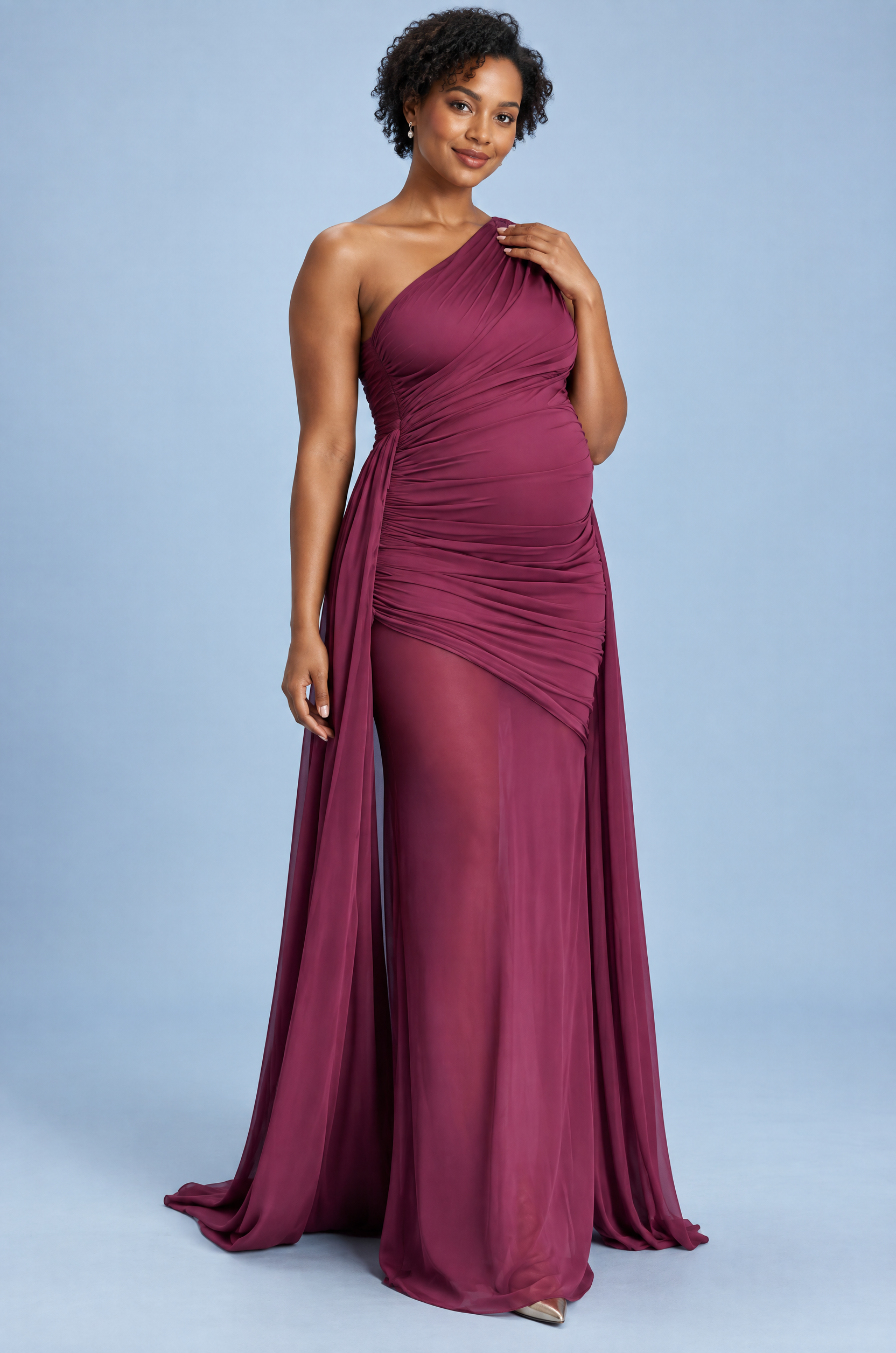Robe longue de grossesse rouge poudré à encolure asymétrique, manche à nœud et ceinture | Vue de face | Lounelle Paris