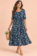 Geblümtes A-Linien-Midikleid in Marineblau