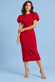 Robe midi rouge à manches bouffantes | Vue de face | Lounelle Paris