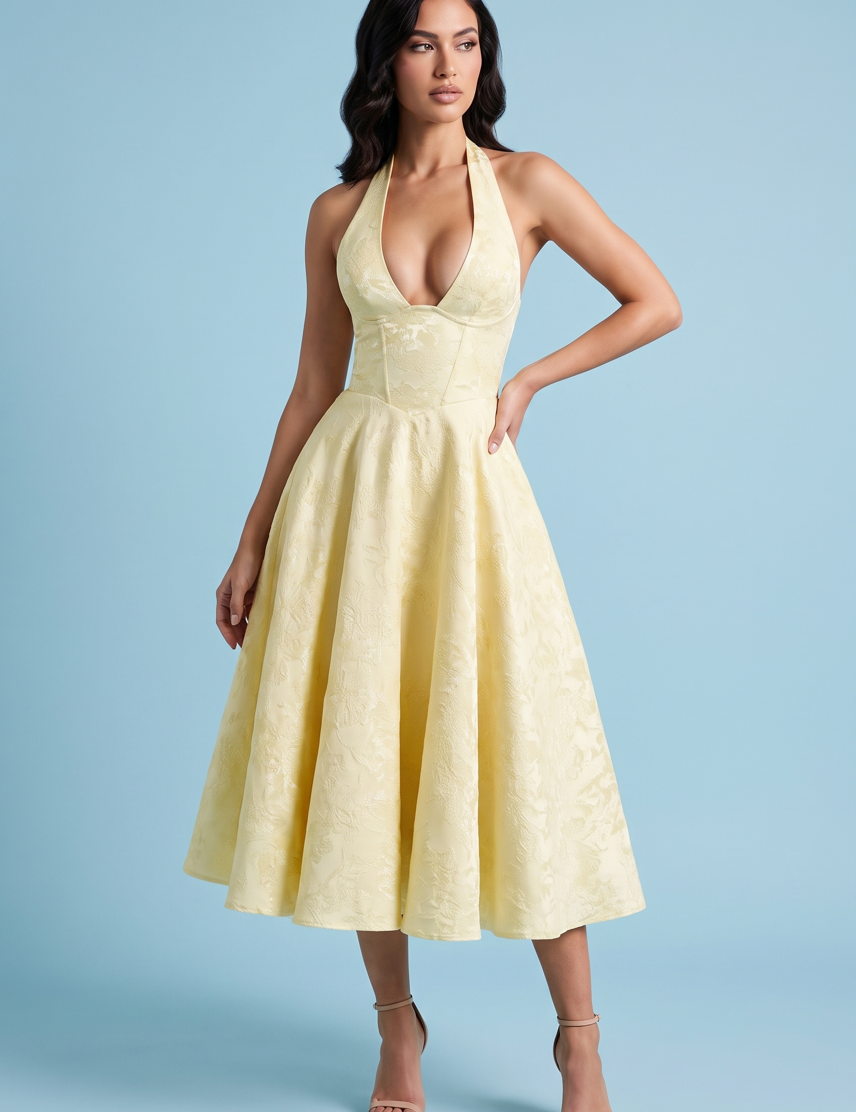 Robe midi jacquard à encolure dos nu jaune | Vue de face | Lounelle Paris