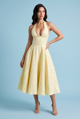 Jacquard-Halterneck-Midikleid in Gelb