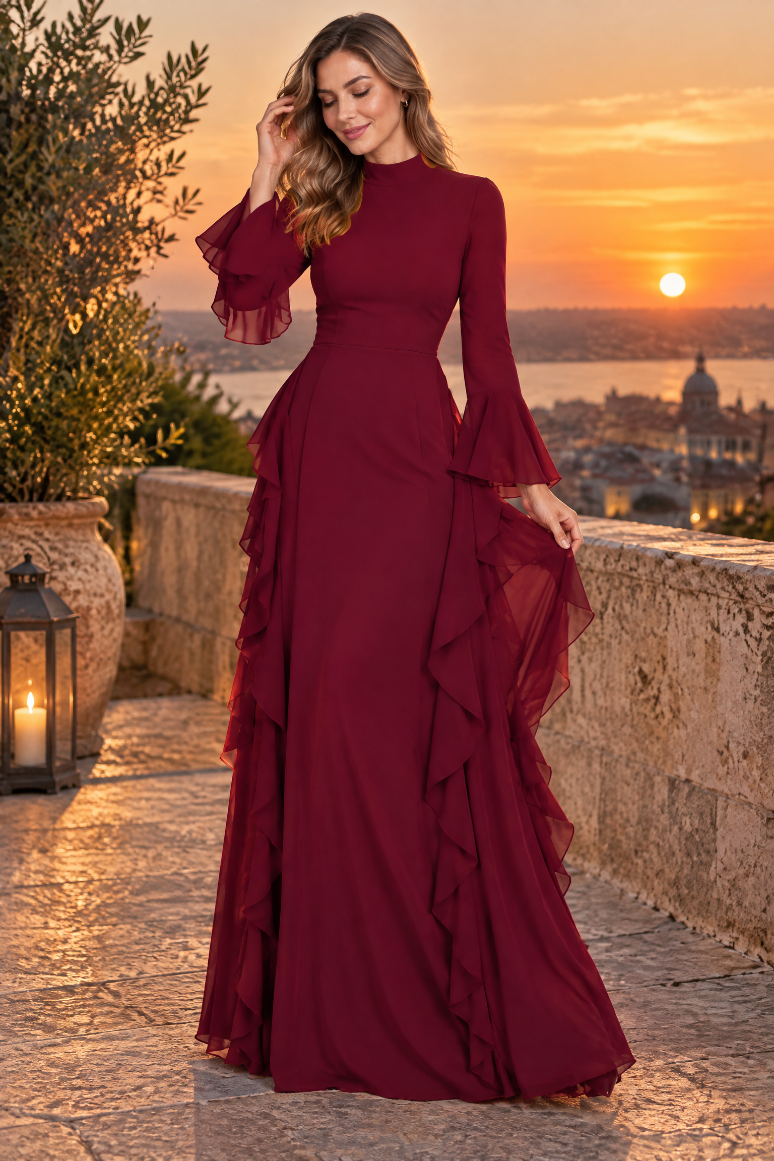Robe longue bordeaux à volants et manches cloche | Deuxième photo lifestyle | Lounelle Paris