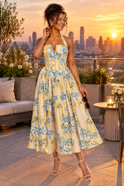 Robe longue jaune dos nu à rayures et motifs floraux | Deuxième photo lifestyle | Lounelle Paris
