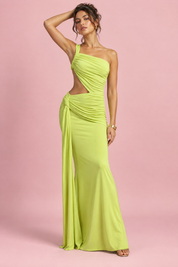 Robe longue verte asymétrique à jupe portefeuille | Vue de face | Lounelle Paris