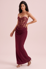 Burgunderrotes trägerloses Korsett-Maxikleid