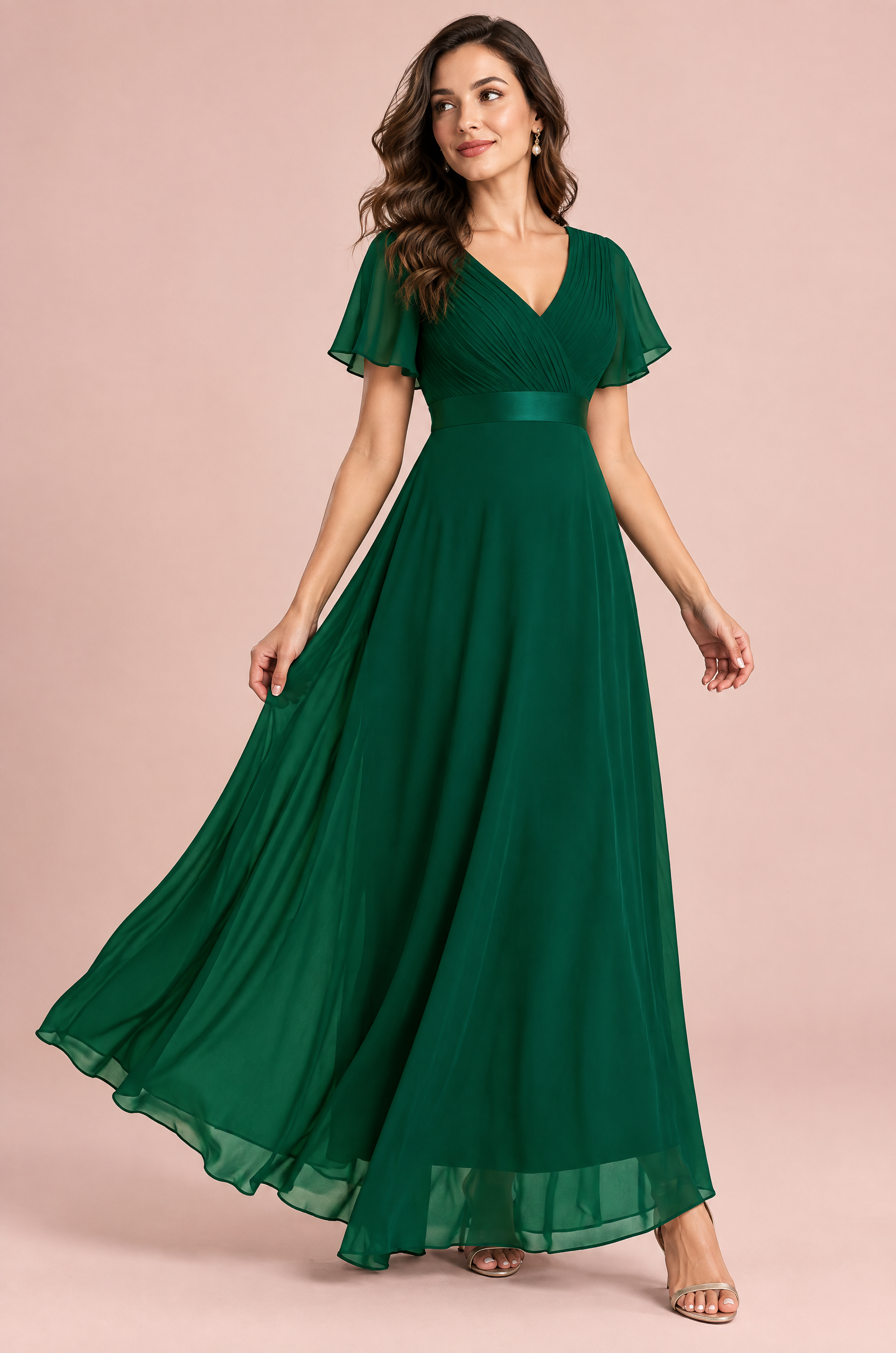 Robe longue plissée vert émeraude à col V | Vue de face | Lounelle Paris