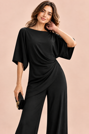 Ensemble pantalon noir plissé effet portefeuille | Vue rapprochée | Lounelle Paris
