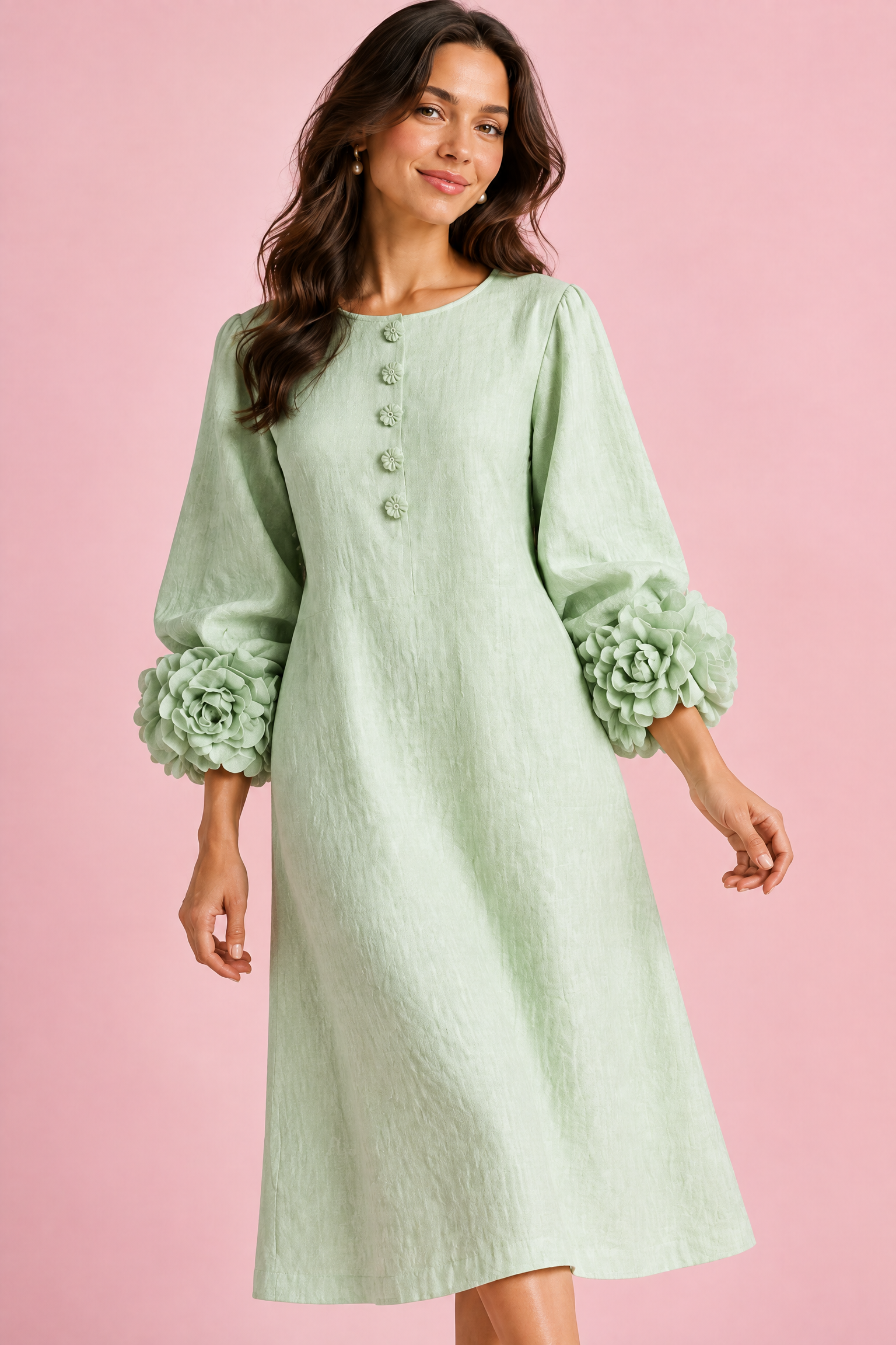 Robe midi vert menthe coupe trapèze à manches bouffantes | Vue rapprochée | Lounelle Paris