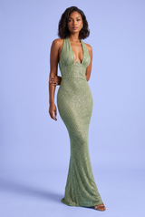 Pailletten-Maxikleid mit Neckholder in Grün