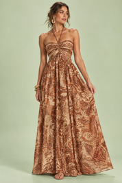 Robe longue marron à col licou et découpes | Vue de face | Lounelle Paris
