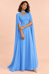 Königsblaues Maxikleid mit eckigem Ausschnitt und Cape-Ärmeln