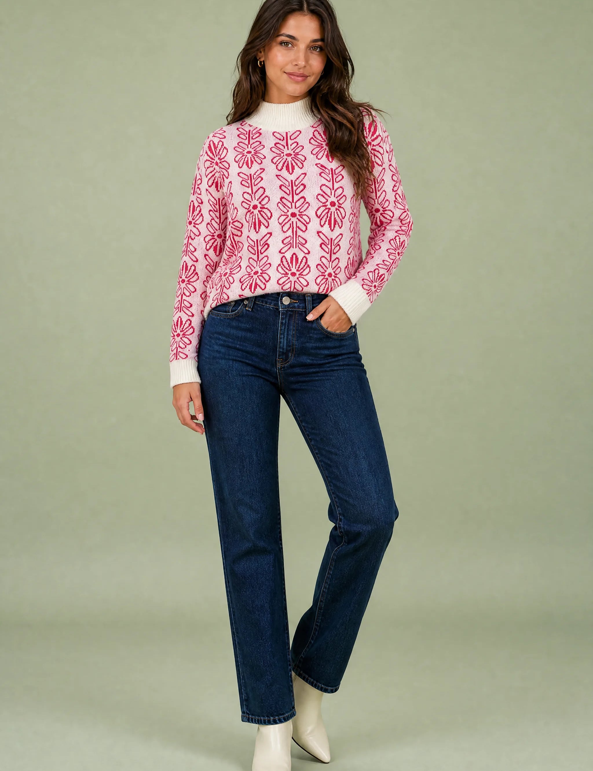 Pull rose jacquard col montant | Vue de face | Lounelle Paris