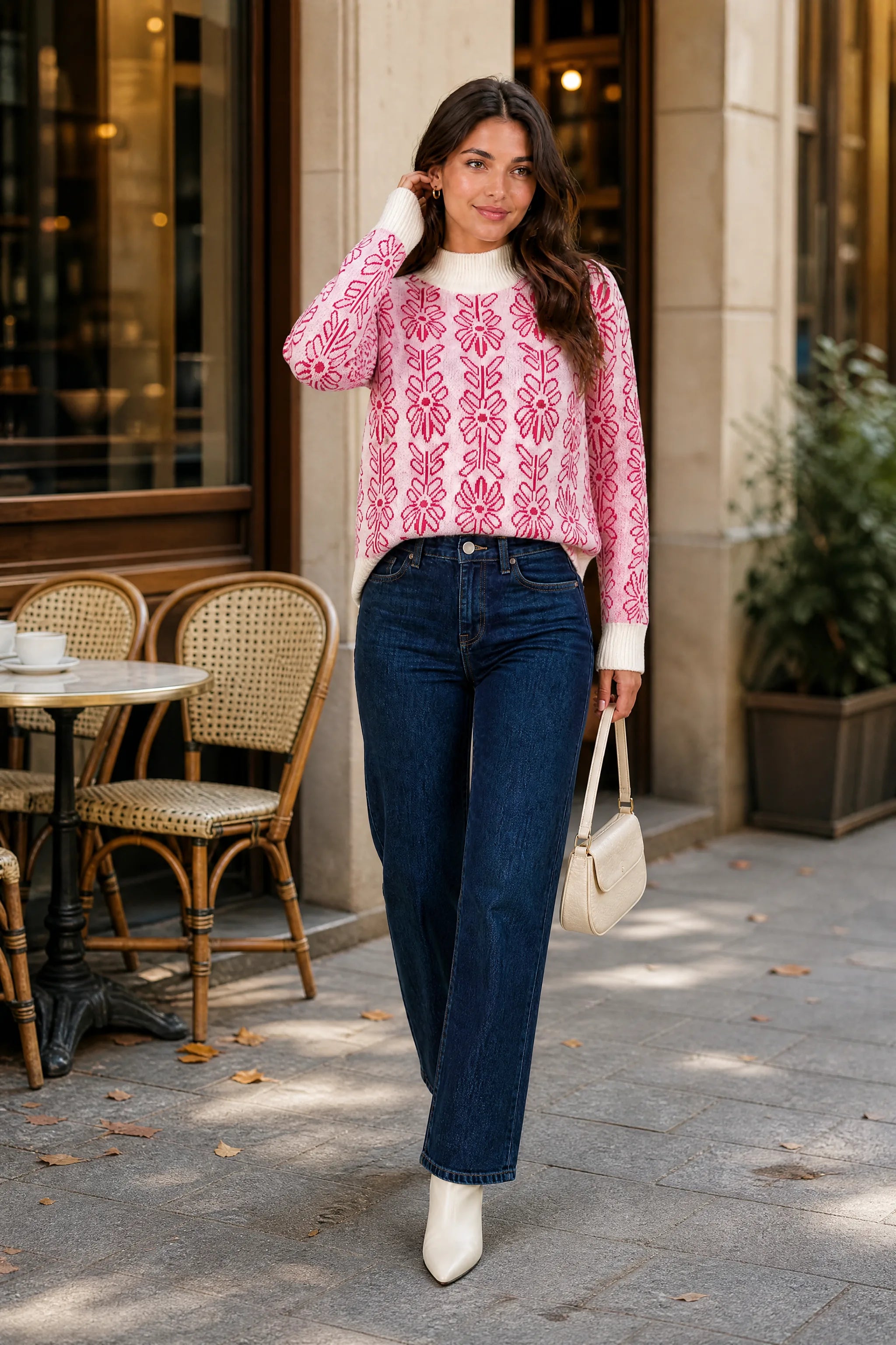 Pull rose jacquard col montant | Photo lifestyle | Lounelle Paris