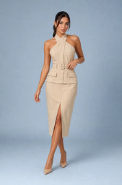 Robe abricot col halter dos nu | Vue de face | Lounelle Paris