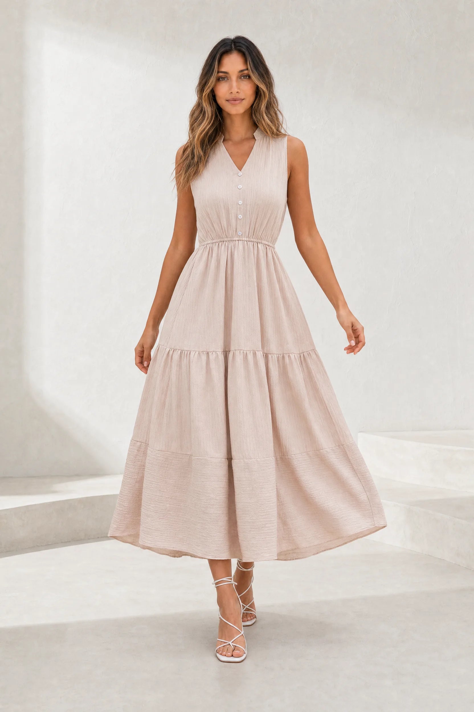 Robe abricot col V à volants | Lounelle Paris