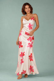 Robe beige bretelles fleurie | Vue de face | Lounelle Paris