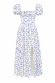 Robe bleue encolure carrée manches bouffantes | Lounelle Paris