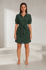 Robe chemise vert armée manches bouffantes | Lounelle Paris