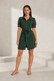 Robe chemise vert armée manches bouffantes | Lounelle Paris