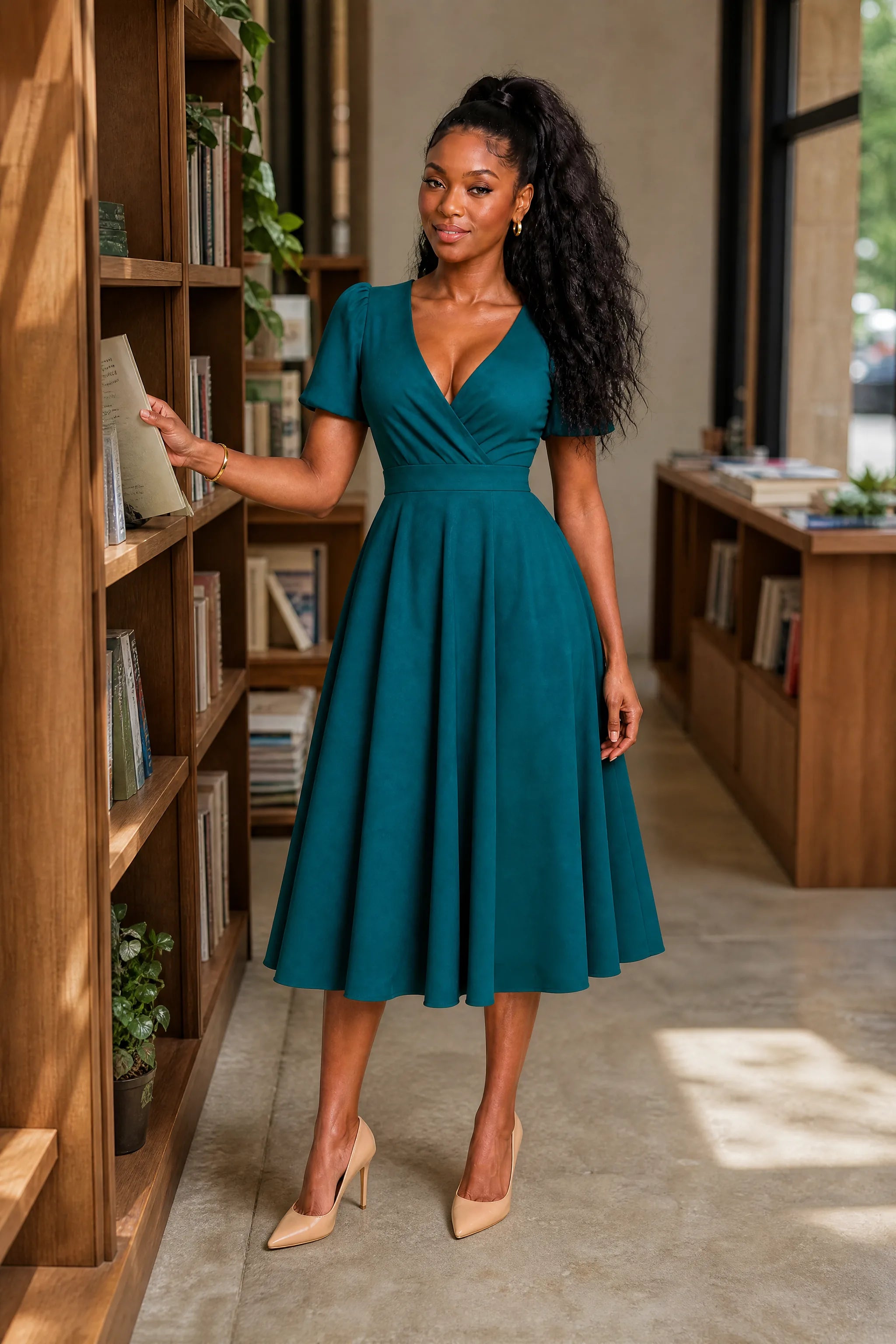 Robe col V croisé manches bouffantes | Variante Vert - Lifestyle | Lounelle Paris